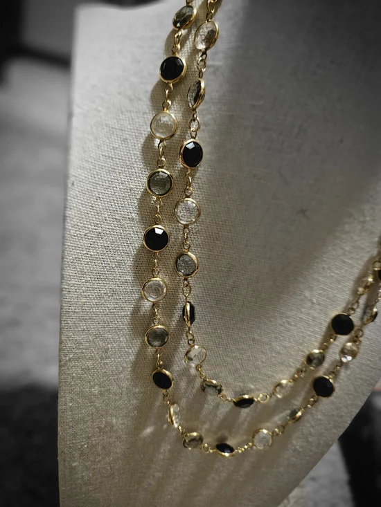 Swarovski Swan Signed Clear Black Bezel Crystals Gold Tone Necklace - Picture 5 of 6